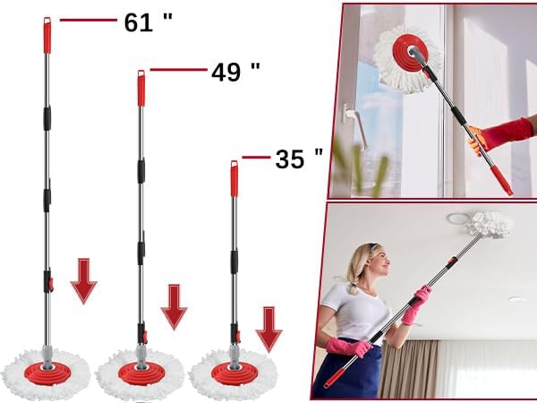 Stainless Steel Extendable Mop Handle with 2 Microfiber Replacement Heads & 360° Rotating Base Plate — Fits Standard Mop Buckets -White