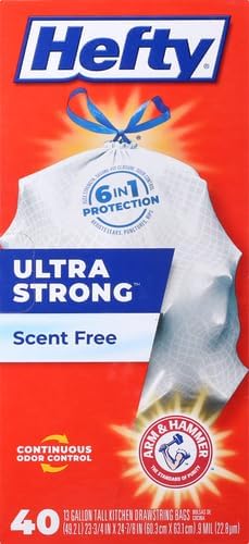 Hefty Ultra Strong 13-Gallon Trash Bags, Tall Kitchen, Drawstring Closure, Odor Control, White, Unscented, 40-Pack
