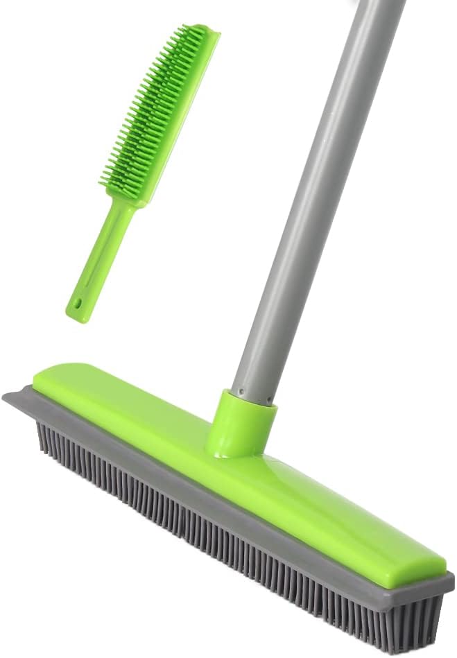 LandHope Carpet Rake for Pet Hair Remover Long Handle with Squeegee, Rubber Broom Carpet Brush Non Scratch Bristles Fur Remover Indoor Outdoor Push Broom for Cat Dog Hair Hardwood Tile Windows Clean
