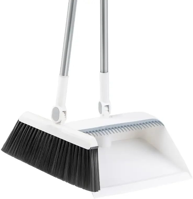 2-in-1 Broom with Dustpan Combo Set,Long Handle Broom Dustpan Combo with Dustpan Teeth to Automatically Clean Hair for Home, Indoor or Outdoor Cleaning Hall Floor (Gray)