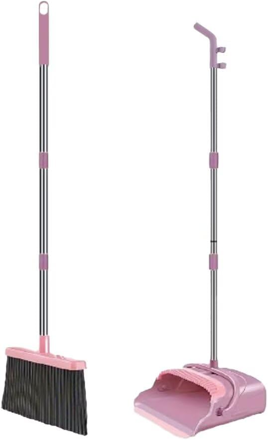 Broom and Dustpan Set with Long Handle - Upright Dustpan & 3 Rows Dense Bristles, Ideal for Home, Office, Kitchen, Lobby, Shop, All-Purpose Indoor & Outdoor Sweeping,Gray&Yellow