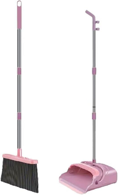 Broom and Dustpan Set with Long Handle - Upright Dustpan & 3 Rows Dense Bristles, Ideal for Home, Office, Kitchen, Lobby, Shop, All-Purpose Indoor & Outdoor Sweeping,Gray&Yellow