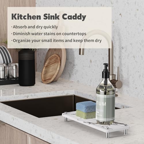 Kitchen Sink Caddy Water Absorbing Stone Tray For Sink, Diatomite Bathroom Countertop Tray Organizer, Faucet Stone Drying Mat Coaster Soap Dish Sponge Dispenser Holder (Grey)