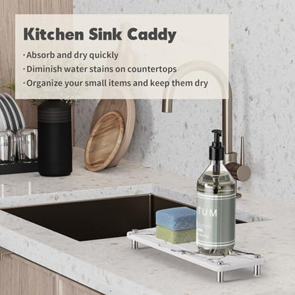 Kitchen Sink Caddy Water Absorbing Stone Tray For Sink, Diatomite Bathroom Countertop Tray Organizer, Faucet Stone Drying Mat Coaster Soap Dish Sponge Dispenser Holder (Grey)