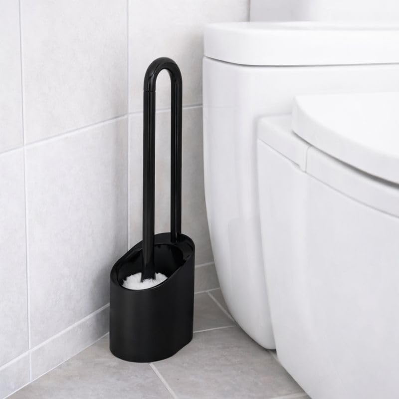 Toilet Bowl Brush and Holder Set Made in Japan - Magnetic Floating Storage, Scratch-Resistant Round Brush, Durable Bristles, Sanitary Bathroom Cleaner (1, Brush with Holder, Black)