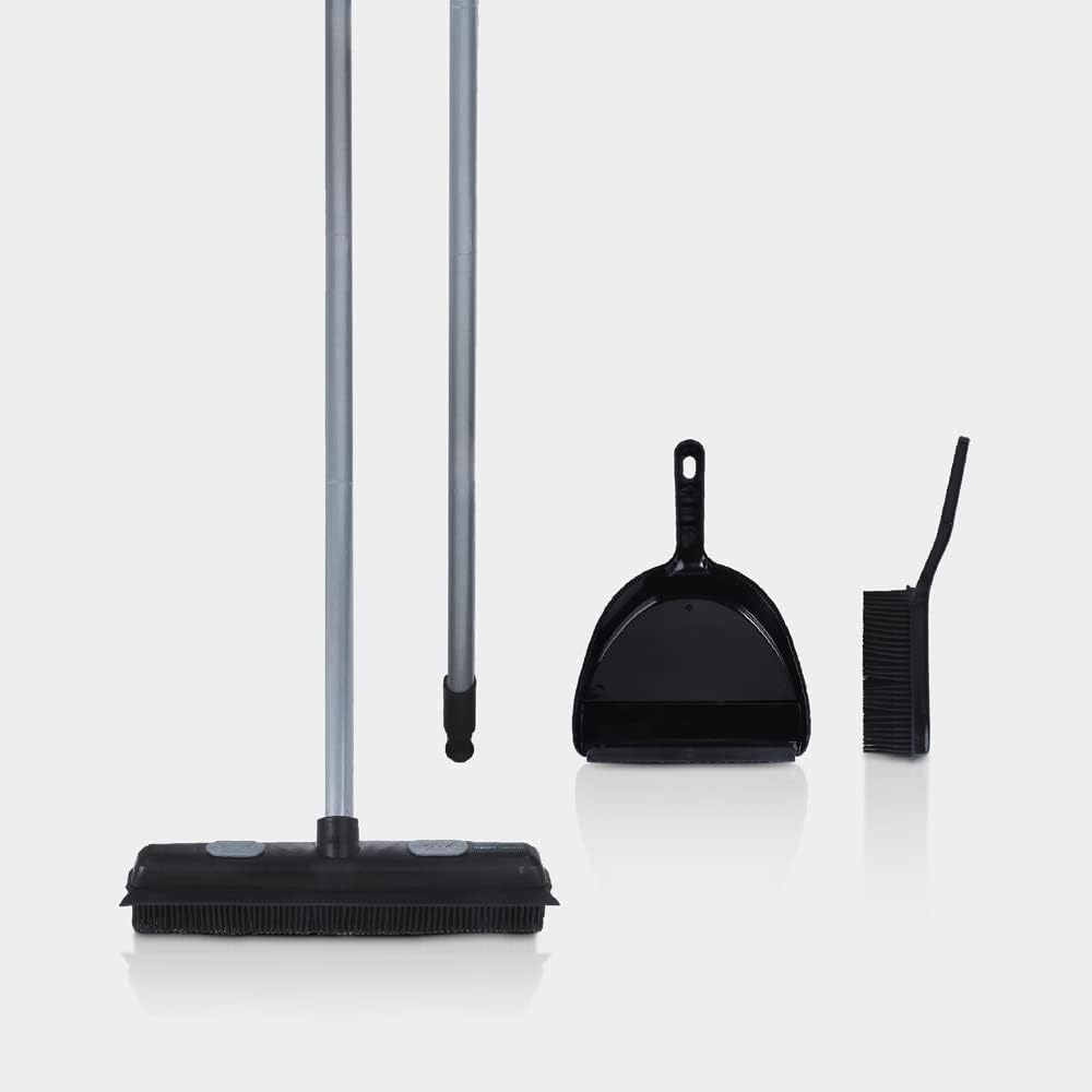 Rubber Bristle Broom and Rubber Squeegee Snap on Dustpan Set with Portable Push Broom Rug Squeegee and Extendable Telescoping Handle for Pet Hair Removal Home Office Fabric Carpet Floor Desk Black