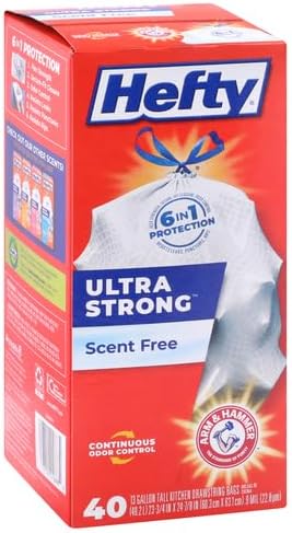 Hefty Ultra Strong 13-Gallon Trash Bags, Tall Kitchen, Drawstring Closure, Odor Control, White, Unscented, 40-Pack