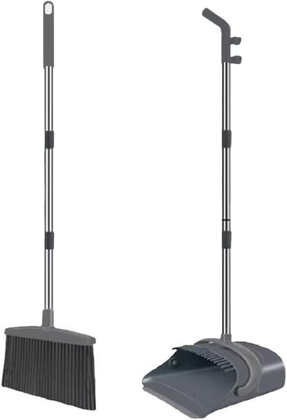 Broom and Dustpan Set with Long Handle - Upright Dustpan & 3 Rows Dense Bristles, Ideal for Home, Office, Kitchen, Lobby, Shop, All-Purpose Indoor & Outdoor Sweeping,Gray&Yellow