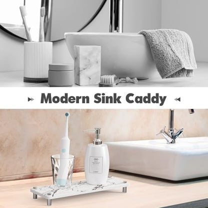 Kitchen Sink Caddy Water Absorbing Stone Tray For Sink, Diatomite Bathroom Countertop Tray Organizer, Faucet Stone Drying Mat Coaster Soap Dish Sponge Dispenser Holder (Grey)