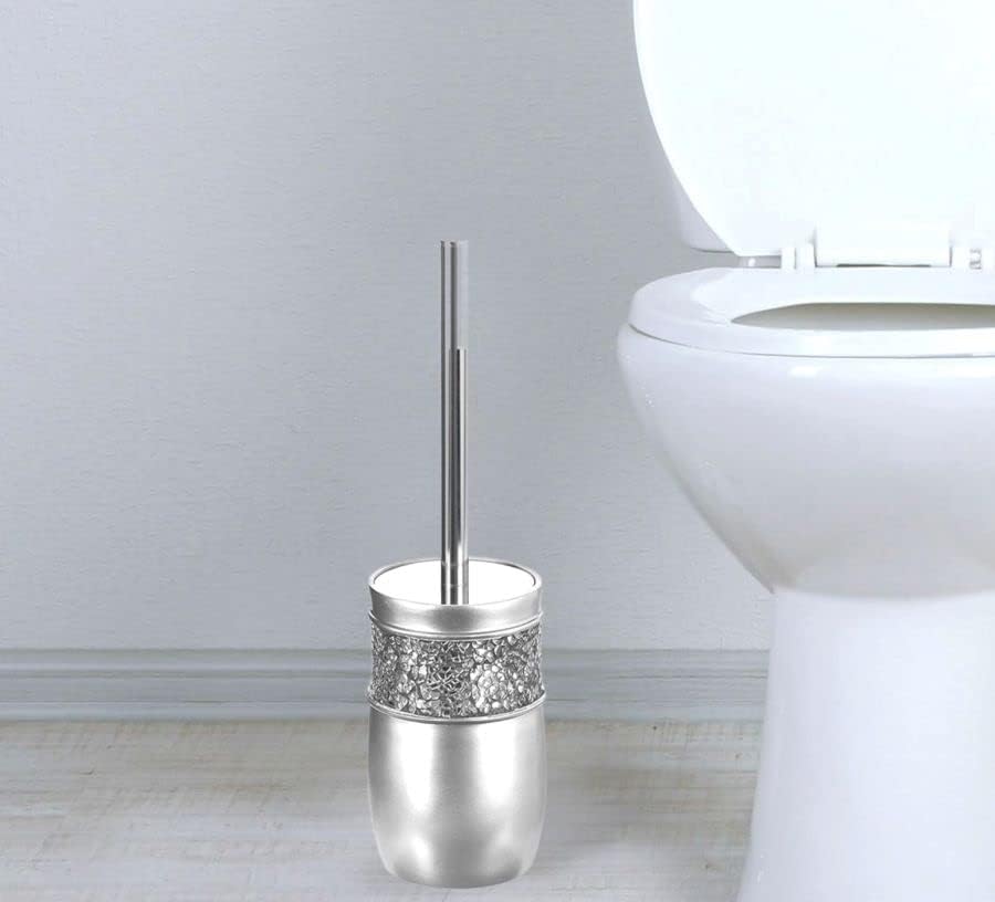 Creative Scents Crackled Glass Toilet Brush with Holder - Silver Toilet Bowl Cleaner Brush and Holder - Good Grip, Deep Cleaning, Decorative Design Compact Toilet Bowl Scrubber