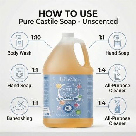 Brittanie's Pure Organic Castile Liquid Olive Oil Soap Refill, 1 Gallon Unscented | Face, Body Wash, All Purpose Cleaner, Dishes, Pets, Laundry | Vegan, Biodegradable, Made in USA