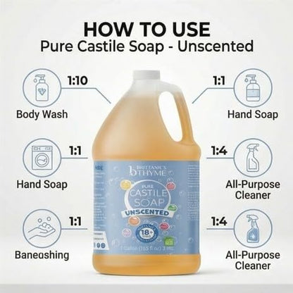 Brittanie's Pure Organic Castile Liquid Olive Oil Soap Refill, 1 Gallon Unscented | Face, Body Wash, All Purpose Cleaner, Dishes, Pets, Laundry | Vegan, Biodegradable, Made in USA