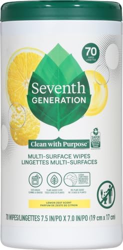Seventh Generation Multi Surface Wipes All Purpose Cleaning Lemon Zest scent with 100% Essential Oils and Botanical Ingredients 70 count, Pack of 6