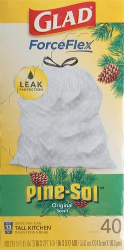 Glad ForceFlex Tall Kitchen Trash Bags, 13 Gallon, Pine-Sol Original, 40 Count (Package May Vary)