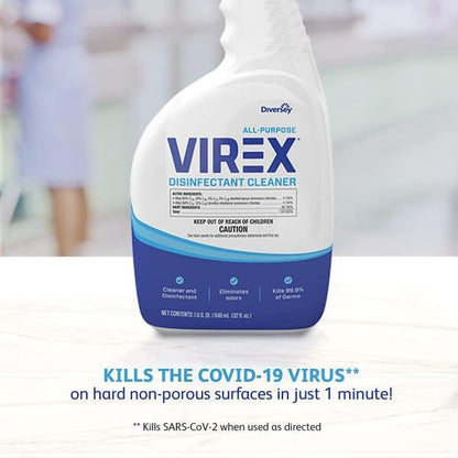 VIREX Diversey CBD540540 All Purpose Disinfectant Cleaner, For Home & Commercial Use, Kills 99.9% of Germs, Multi-Surface, Lemon Scent, Capped Ready-to-Use Spray, 32-Ounce