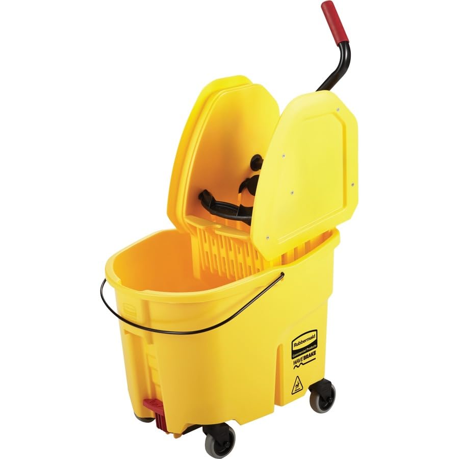 Rubbermaid Commercial Products WaveBrake 35 QT Down-Press Mop Bucket and Wringer Combo on Wheels with Dirty Water Bucket Black for Heavy-Duty Floor Cleaning