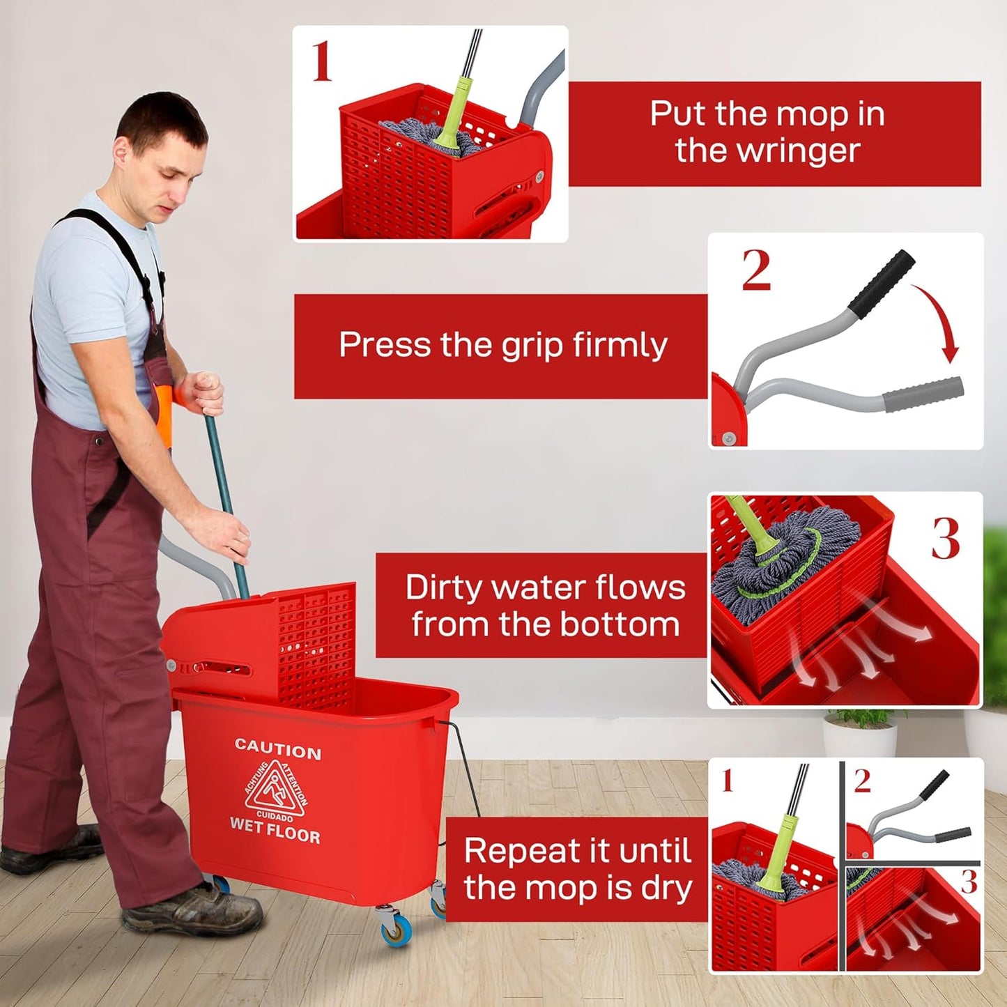Commercial Mop Bucket with Side Press Wringer on Wheels for Floor Cleaning, 21 Quart, Separate Dirty and Clean Water, for Home Apartment Small Business and Office, Black