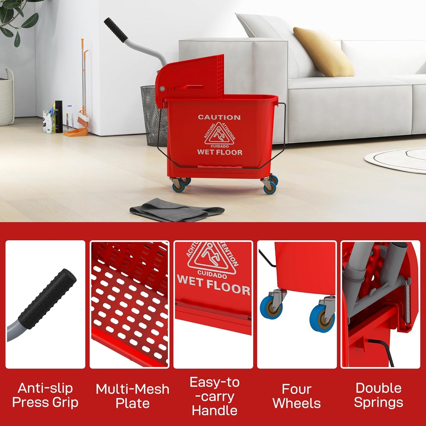 Commercial Mop Bucket with Side Press Wringer on Wheels for Floor Cleaning, 21 Quart, Separate Dirty and Clean Water, for Home Apartment Small Business and Office, Black