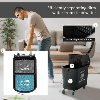 Commercial Mop Bucket with Side Press Wringer on Wheels for Floor Cleaning, 21 Quart, Separate Dirty and Clean Water, for Home Apartment Small Business and Office, Black