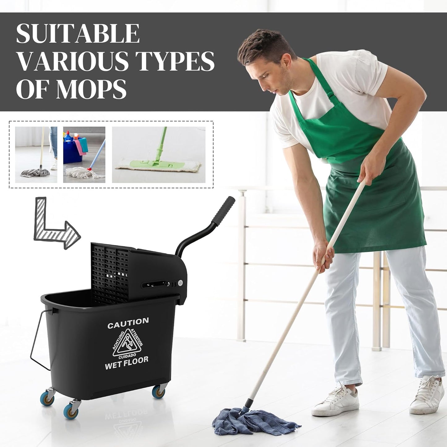 Commercial Mop Bucket with Side Press Wringer on Wheels for Floor Cleaning, 21 Quart, Separate Dirty and Clean Water, for Home Apartment Small Business and Office, Black