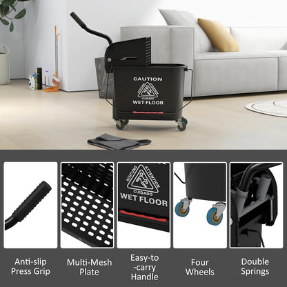 Commercial Mop Bucket with Side Press Wringer on Wheels for Floor Cleaning, 21 Quart, Separate Dirty and Clean Water, for Home Apartment Small Business and Office, Black