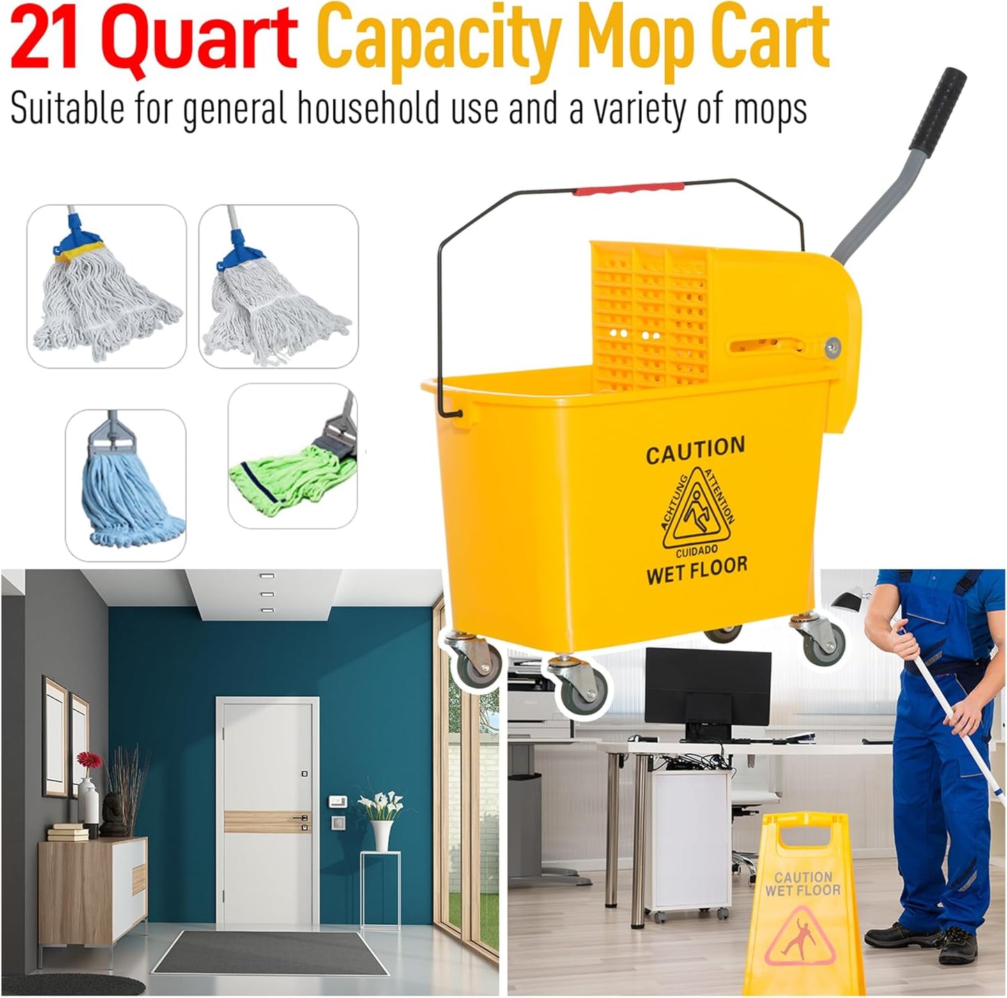 Commercial Mop Bucket with Side Press Wringer on Wheels for Floor Cleaning, 21 Quart, Separate Dirty and Clean Water, for Home Apartment Small Business and Office, Black