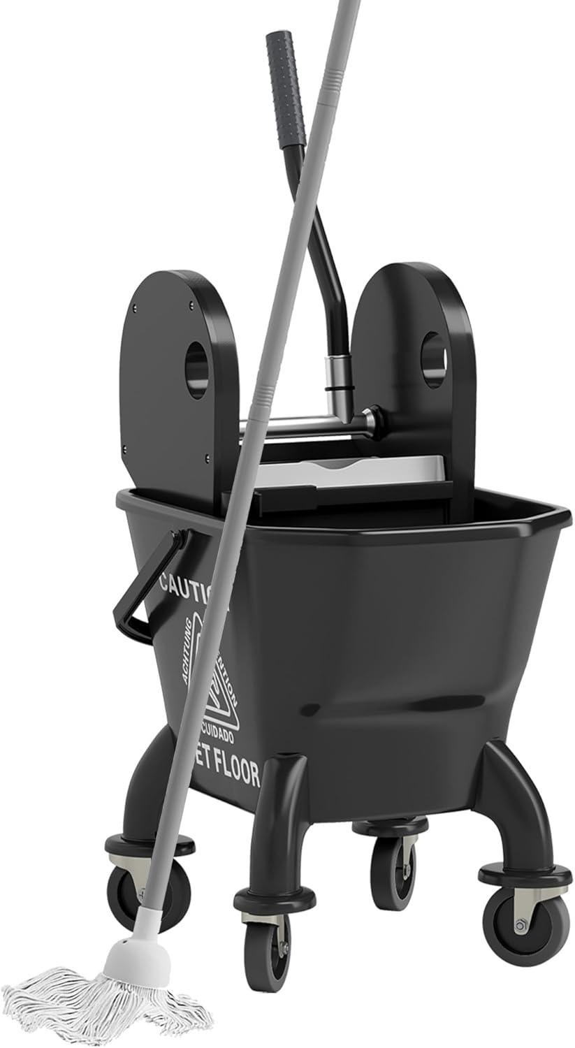 Commercial Mop Bucket with Side Press Wringer on Wheels for Floor Cleaning, 21 Quart, Separate Dirty and Clean Water, for Home Apartment Small Business and Office, Black