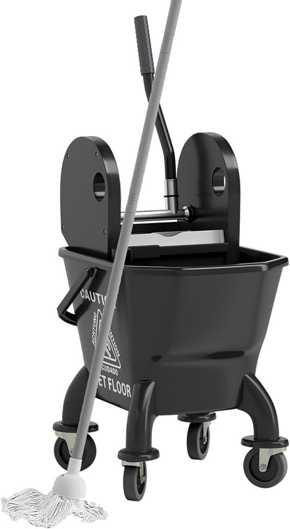 Commercial Mop Bucket with Side Press Wringer on Wheels for Floor Cleaning, 21 Quart, Separate Dirty and Clean Water, for Home Apartment Small Business and Office, Black