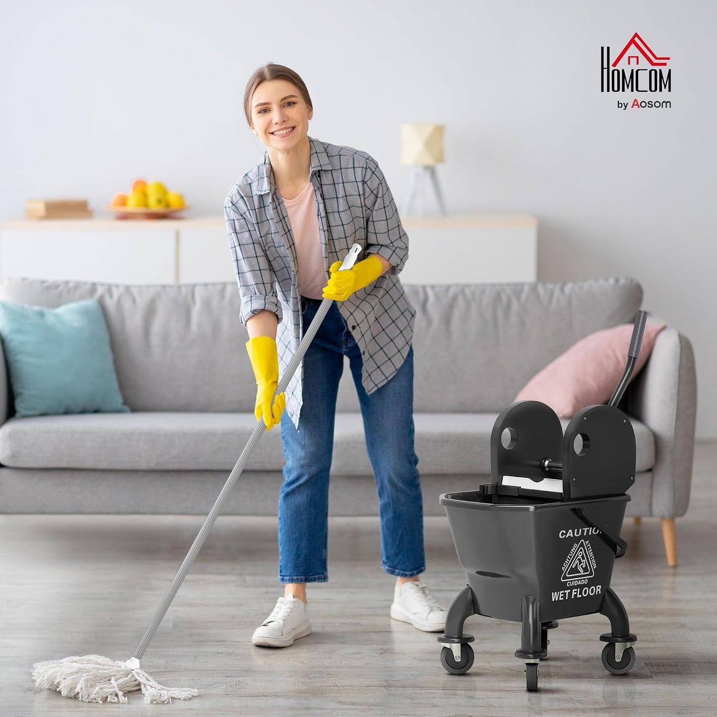 Commercial Mop Bucket with Side Press Wringer on Wheels for Floor Cleaning, 21 Quart, Separate Dirty and Clean Water, for Home Apartment Small Business and Office, Black