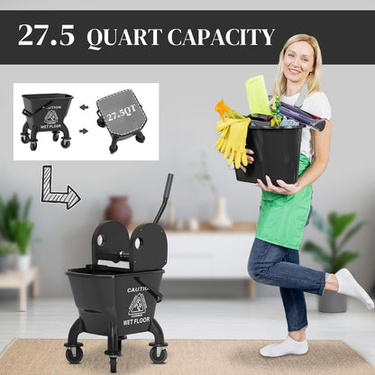 Commercial Mop Bucket with Side Press Wringer on Wheels for Floor Cleaning, 21 Quart, Separate Dirty and Clean Water, for Home Apartment Small Business and Office, Black