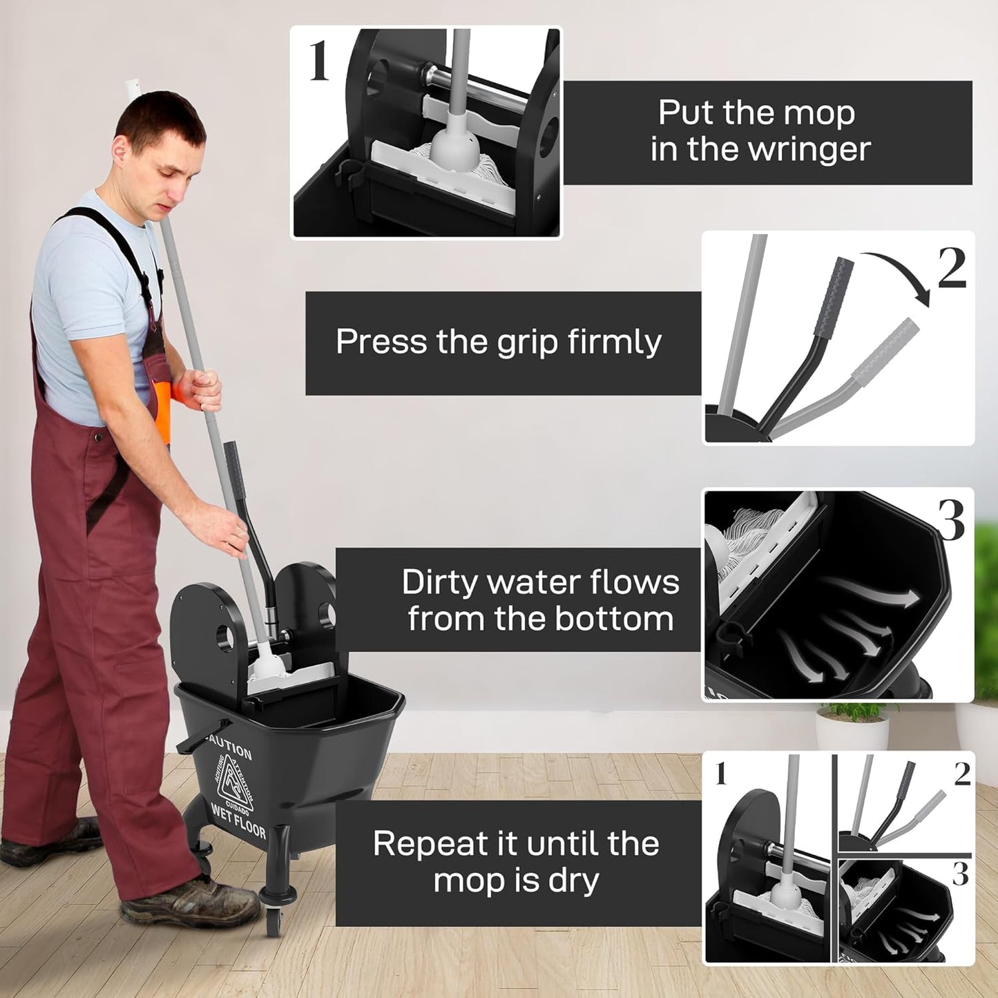 Commercial Mop Bucket with Side Press Wringer on Wheels for Floor Cleaning, 21 Quart, Separate Dirty and Clean Water, for Home Apartment Small Business and Office, Black
