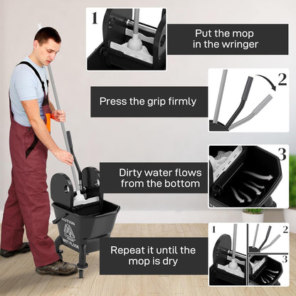Commercial Mop Bucket with Side Press Wringer on Wheels for Floor Cleaning, 21 Quart, Separate Dirty and Clean Water, for Home Apartment Small Business and Office, Black
