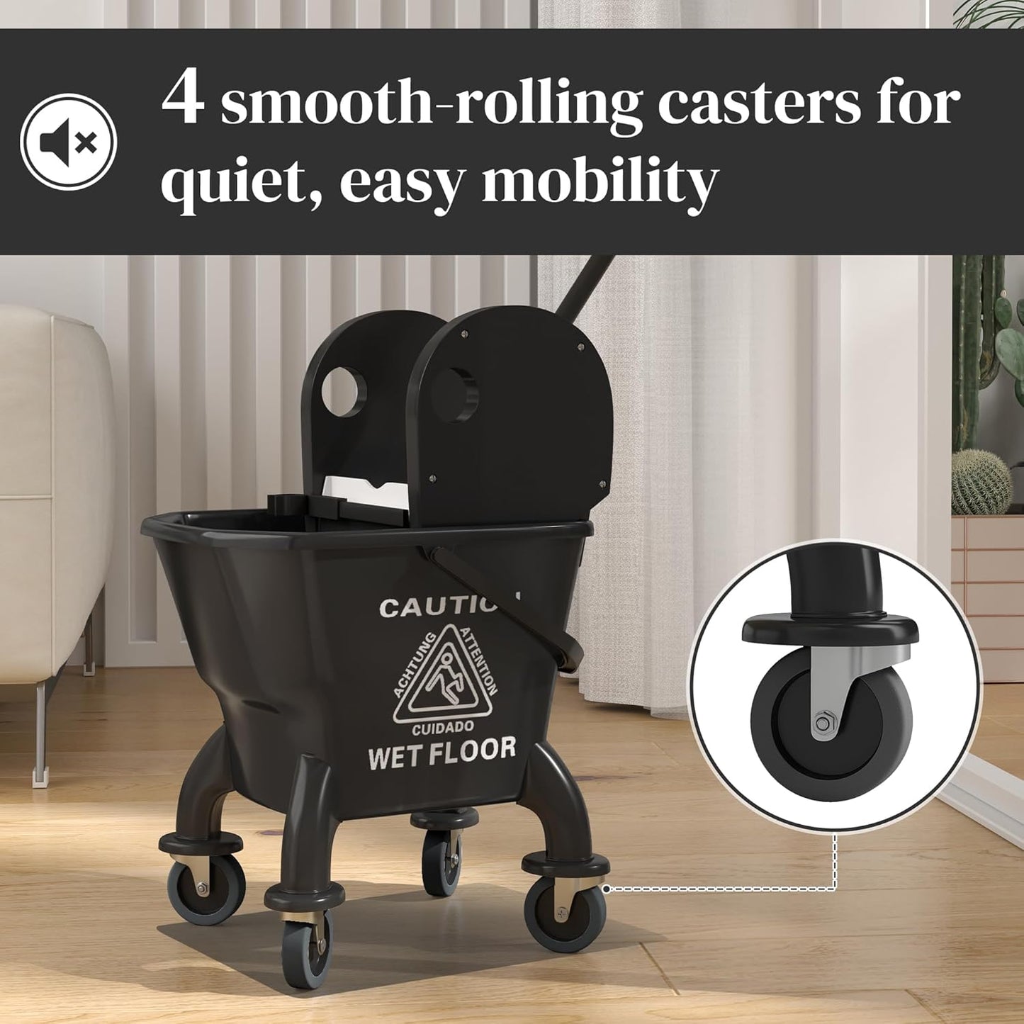 Commercial Mop Bucket with Side Press Wringer on Wheels for Floor Cleaning, 21 Quart, Separate Dirty and Clean Water, for Home Apartment Small Business and Office, Black