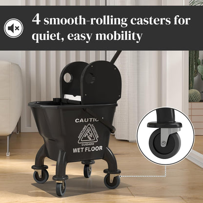 Commercial Mop Bucket with Side Press Wringer on Wheels for Floor Cleaning, 21 Quart, Separate Dirty and Clean Water, for Home Apartment Small Business and Office, Black