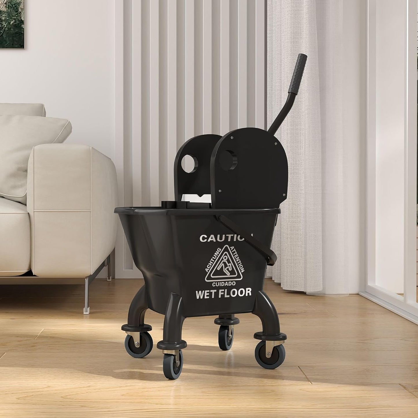 Commercial Mop Bucket with Side Press Wringer on Wheels for Floor Cleaning, 21 Quart, Separate Dirty and Clean Water, for Home Apartment Small Business and Office, Black