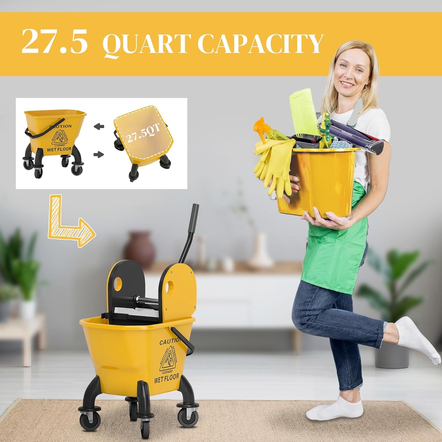 Commercial Mop Bucket with Side Press Wringer on Wheels for Floor Cleaning, 21 Quart, Separate Dirty and Clean Water, for Home Apartment Small Business and Office, Black