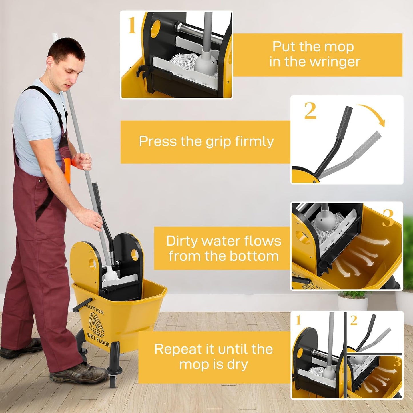 Commercial Mop Bucket with Side Press Wringer on Wheels for Floor Cleaning, 21 Quart, Separate Dirty and Clean Water, for Home Apartment Small Business and Office, Black
