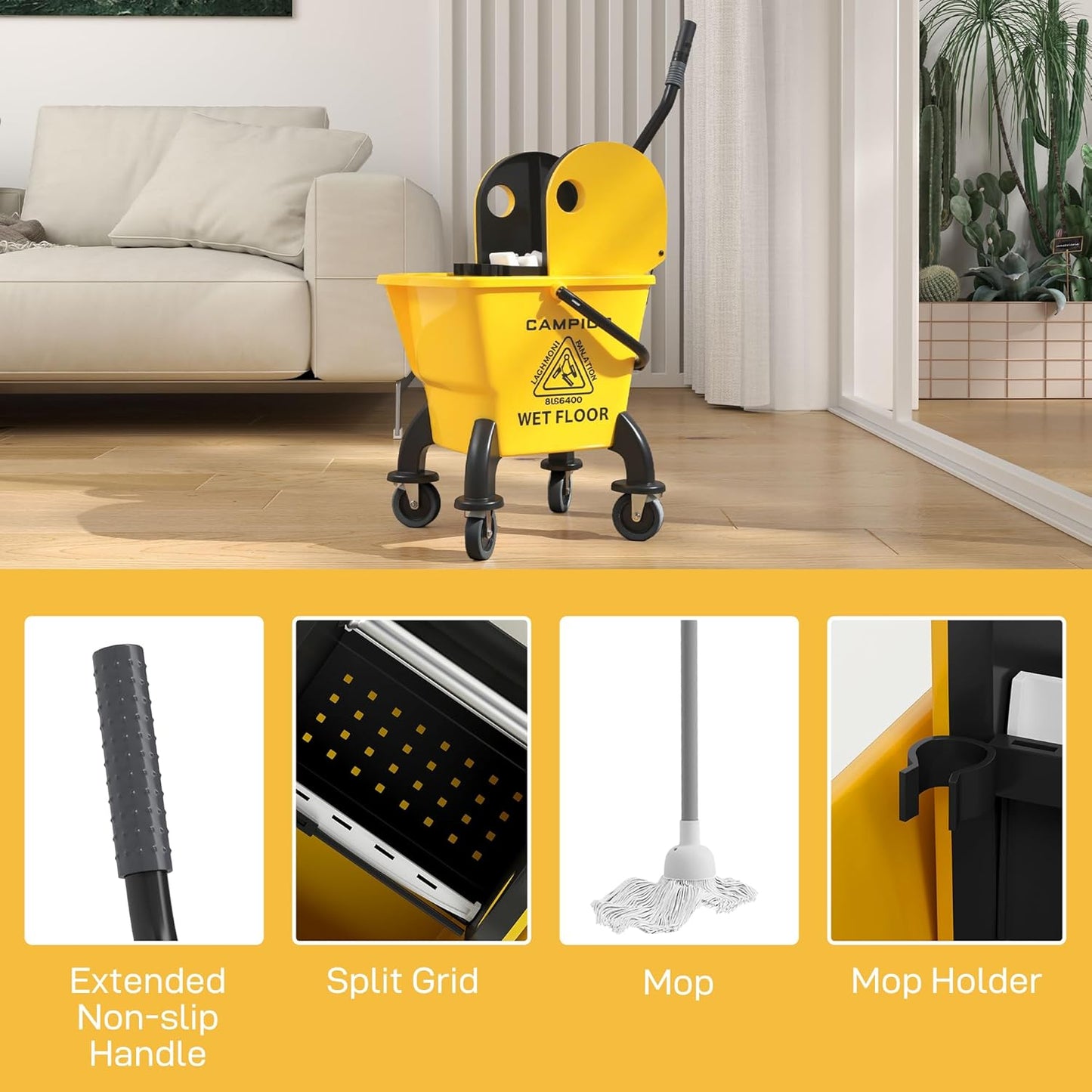 Commercial Mop Bucket with Side Press Wringer on Wheels for Floor Cleaning, 21 Quart, Separate Dirty and Clean Water, for Home Apartment Small Business and Office, Black