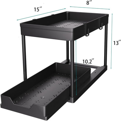 Under Sink Organizer 2 Pack, Bathroom Cabinet Organizer, 2 Tier Sliding Cabinet Basket Organizer Drawer, Multi-Purpose Bath Collection Baskets for Bathroom (Black)