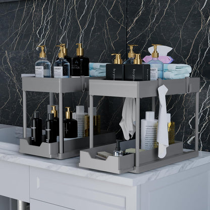 Under Sink Organizer 2 Pack, Bathroom Cabinet Organizer, 2 Tier Sliding Cabinet Basket Organizer Drawer, Multi-Purpose Bath Collection Baskets for Bathroom (Black)