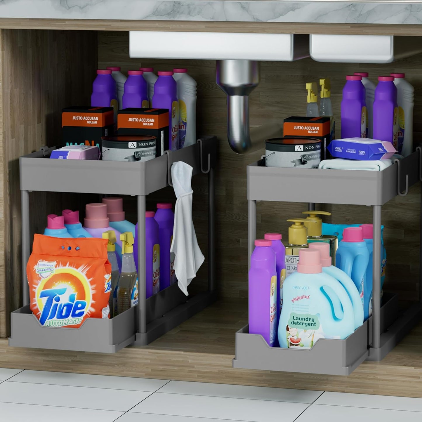 Under Sink Organizer 2 Pack, Bathroom Cabinet Organizer, 2 Tier Sliding Cabinet Basket Organizer Drawer, Multi-Purpose Bath Collection Baskets for Bathroom (Black)