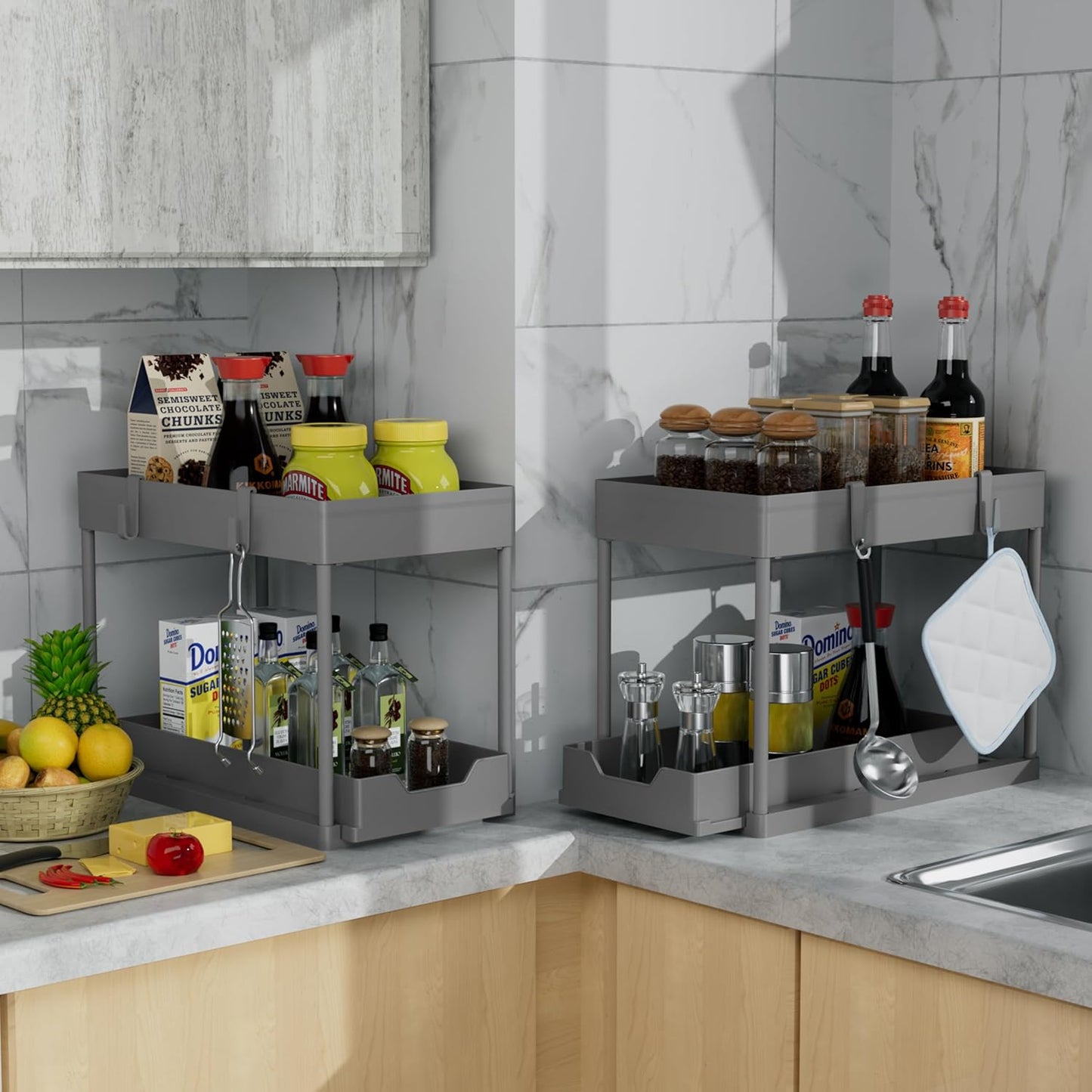 Under Sink Organizer 2 Pack, Bathroom Cabinet Organizer, 2 Tier Sliding Cabinet Basket Organizer Drawer, Multi-Purpose Bath Collection Baskets for Bathroom (Black)