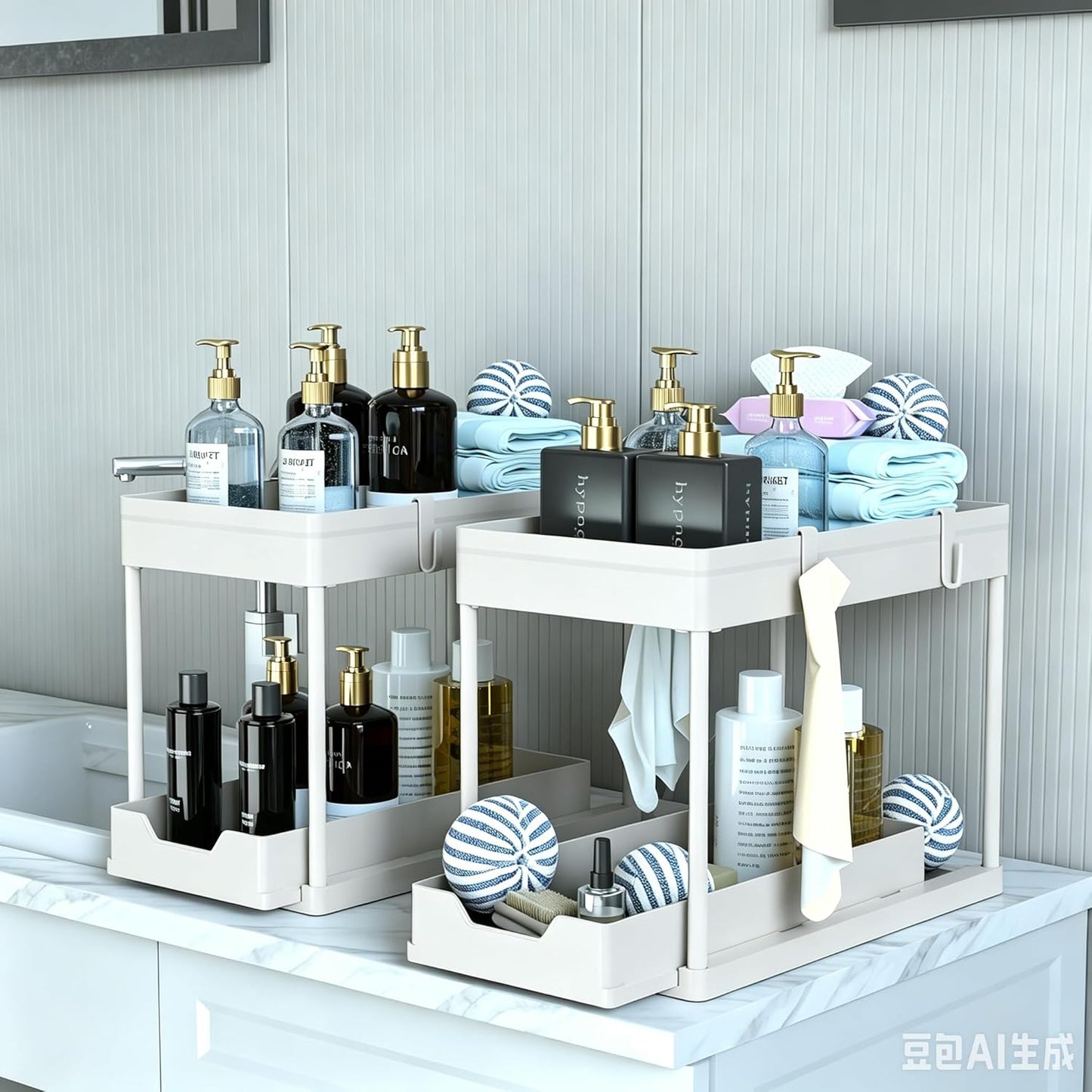 Under Sink Organizer 2 Pack, Bathroom Cabinet Organizer, 2 Tier Sliding Cabinet Basket Organizer Drawer, Multi-Purpose Bath Collection Baskets for Bathroom (Black)