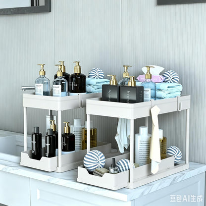 Under Sink Organizer 2 Pack, Bathroom Cabinet Organizer, 2 Tier Sliding Cabinet Basket Organizer Drawer, Multi-Purpose Bath Collection Baskets for Bathroom (Black)