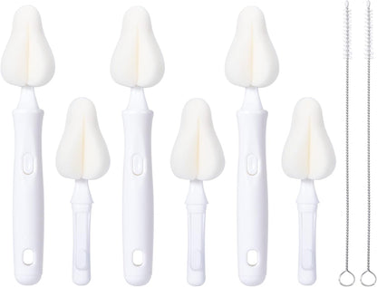Carebabymore 8 Pcs Sponge Nipple Bottle Brushes, Baby Bottle Brush with 3 Pcs Nipple Cleaner, 3 Pcs Replacement Heads and 2 Pcs Straw Brushes, White