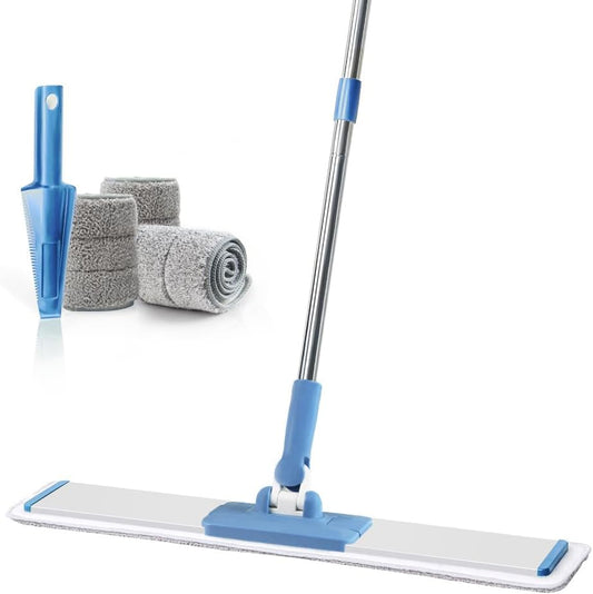 CQT Commercial Flat Microfiber Floor Mop Cleaning System 24" Inch Wet Dry and Dust Hardwood with 4 Washable Pads Cleaner for Laminate Tile Stainless Steel Handle and Extension (PT14 Brown)