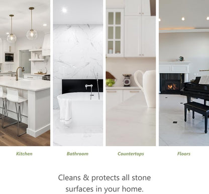 MORE Stone & Quartz Cleaner + Protector - Water-Based Surface Spray - Granite, Quartz & Marble Cleaner - For Kitchen & Bathroom Countertops & Floors - Peppermint-Thyme Essential Oil - Pint (16oz)