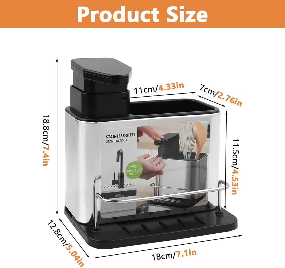 Soap Dispenser for Kitchen & Bathroom Sink, 3 in 1 Dish Soap Dispenser with Sponge Holder Dish Brush & Brush Holder, Stainless Steel Sink Caddy Organizer Kitchen Soap Dispenser Set Countertop
