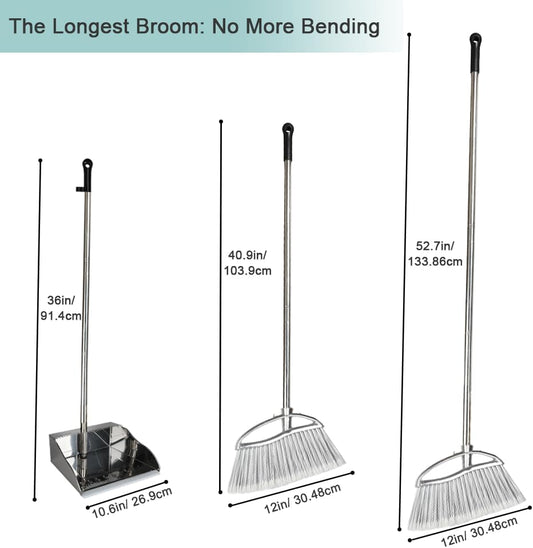 Metal Dustpan and Heavy Duty Broom Set, Stand Up Dustpan with Outdoor Stiff Bristles Broom for Hardwood Patio Room Office Floor Sweeping