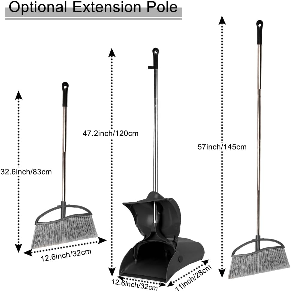 Long Handle Heavy Duty Broom and Dustpan Set, Outdoor and Commercial Upright Dustpan and Brush for Restaurant Garage Garden Yard Office, Yellow